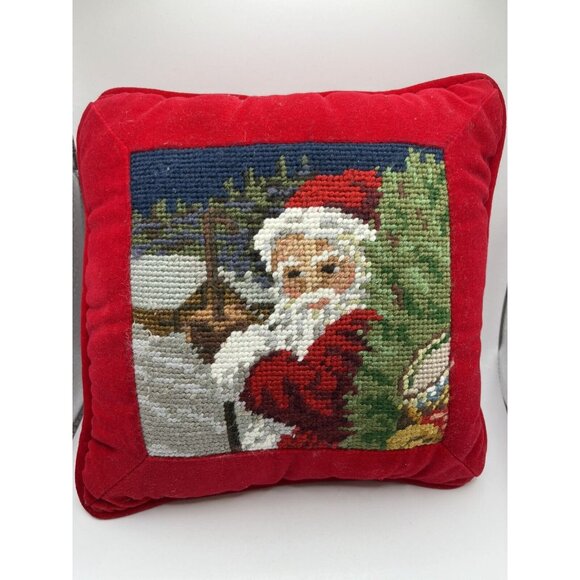 Vintage Needlepoint Xmas Santa Hand Embroidered Wool & Velvet Pillow NICE - Picture 7 of 15